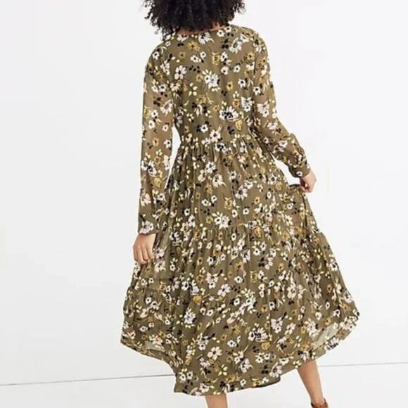 Madewell Cinch-Waist Tiered Midi Dress Sz XS Green Floral Peasant Boho - Picture 2 of 12